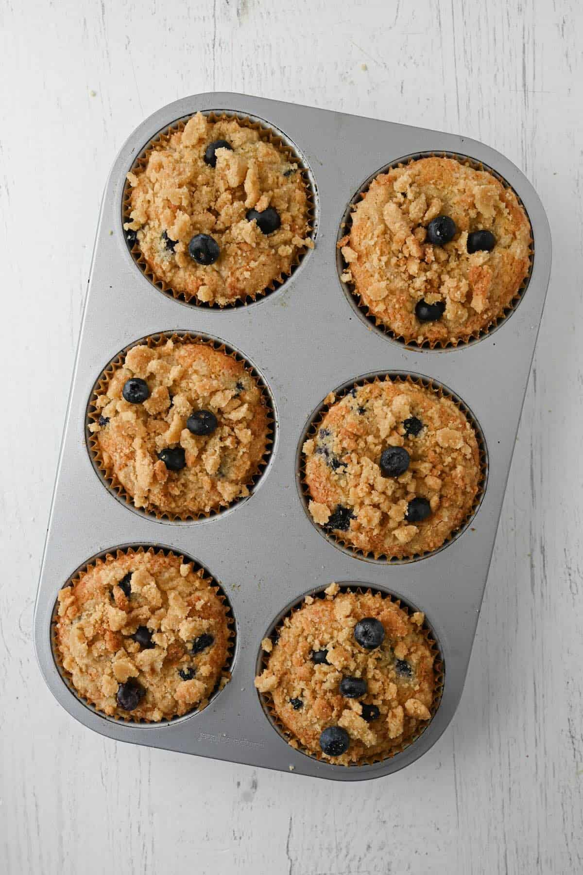 Freshly baked blueberry muffins cooling after baking.