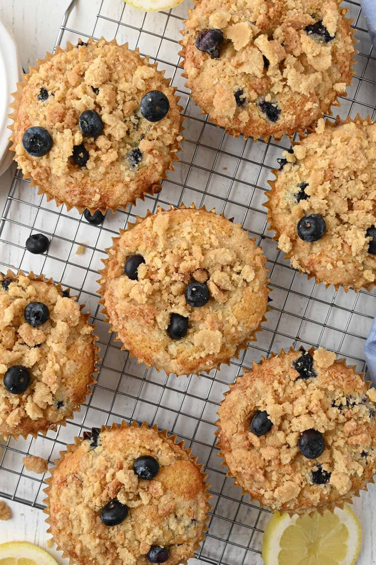 Bakery style blueberry muffins with lemon and a thick streusel topping.