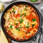 Saucy noodles, melty cheese, browned ground beef and lasagna noodles cooked in a skillet.