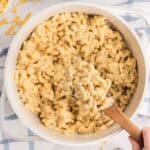 A pot of creamy mac and cheese with several cheeses, made on the stovetop.