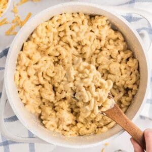 A pot of creamy mac and cheese with several cheeses, made on the stovetop.