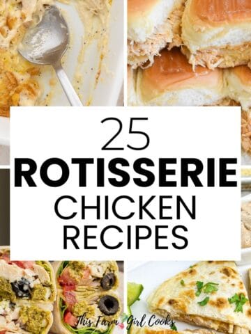 25 recipes to make using rotisserie chicken including quesadillas, chicken wraps, chicken sliders and chicken poppyseed casserole.