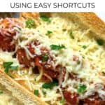 Cheesy meatball subs on hoagie rolls topped with cheeses served with potato chips.