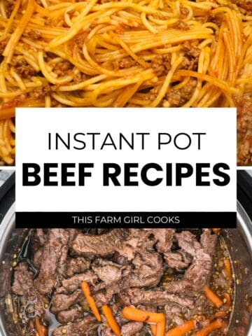 Instant Pot beef recipes showing Mongolian beef and spaghetti with meat sauce made in the Instant Pot.