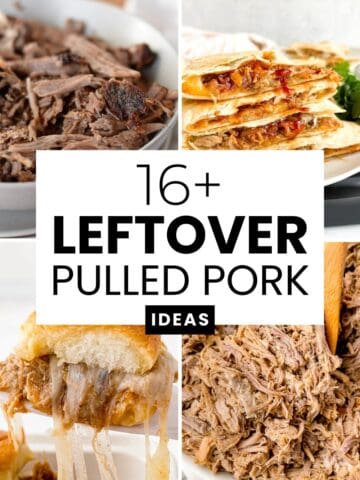 Assortment of leftover pulled pork meals like BBQ sliders, quesadillas, and mac and cheese, arranged on a rustic table.