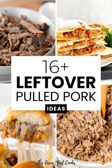 Assortment of leftover pulled pork meals like BBQ sliders, quesadillas, and mac and cheese, arranged on a rustic table.