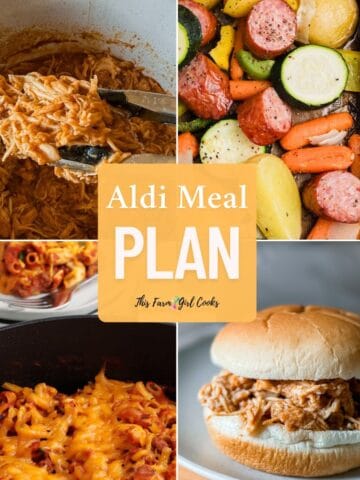 A meal plan using Aldi ingredients on sale to make 4 easy family friendly dinners this week.