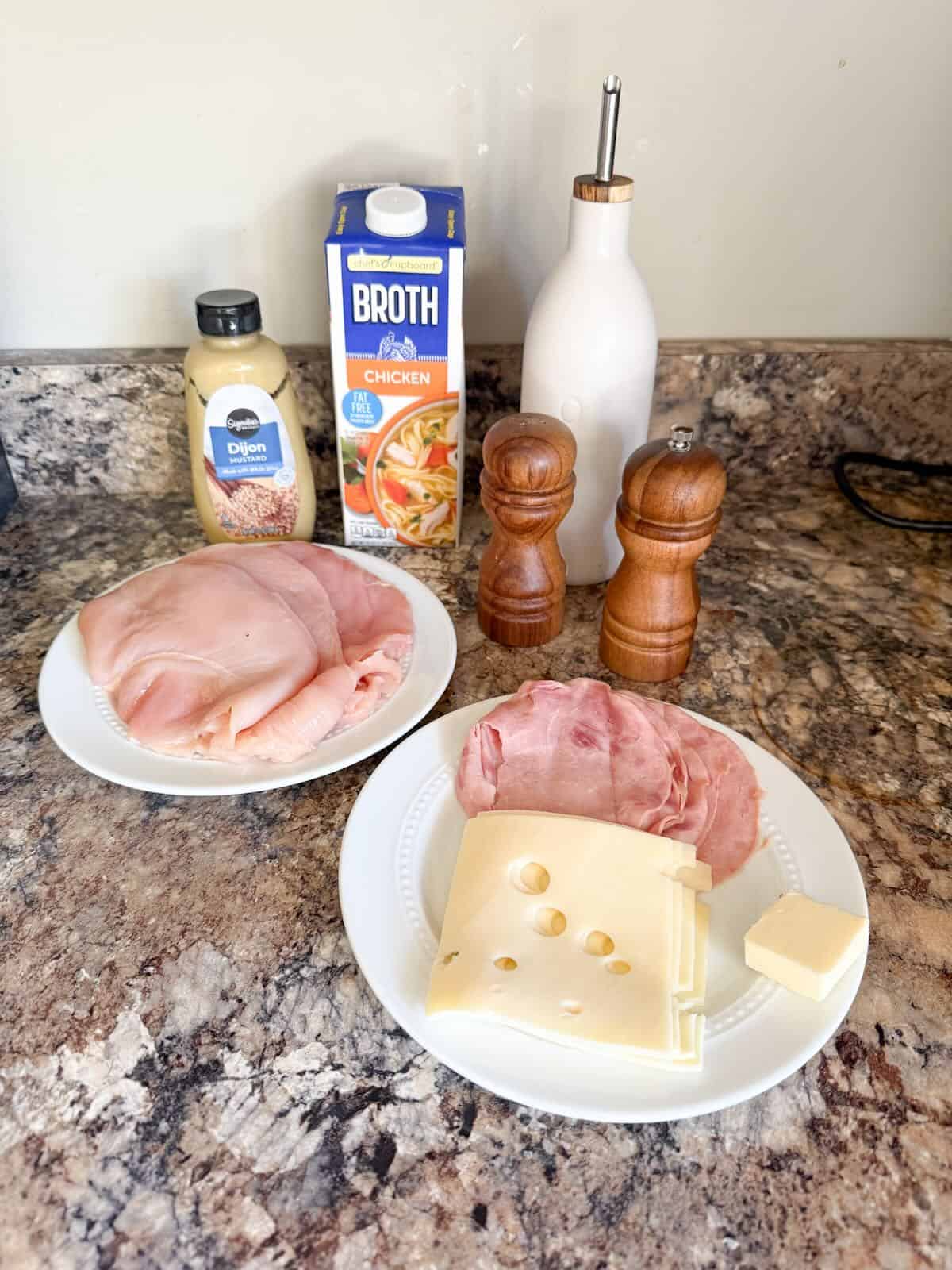 Chicken, ham, Swiss cheese and other ingredients to make a weeknight chicken cordon bleu.