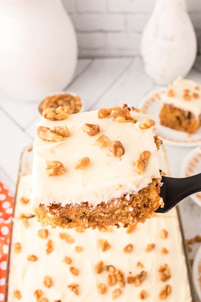 Old fashioned carrot cake with pineapple baked in 9x13 pan.