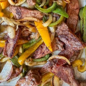 Beef fajitas made in the oven on a sheet pan.