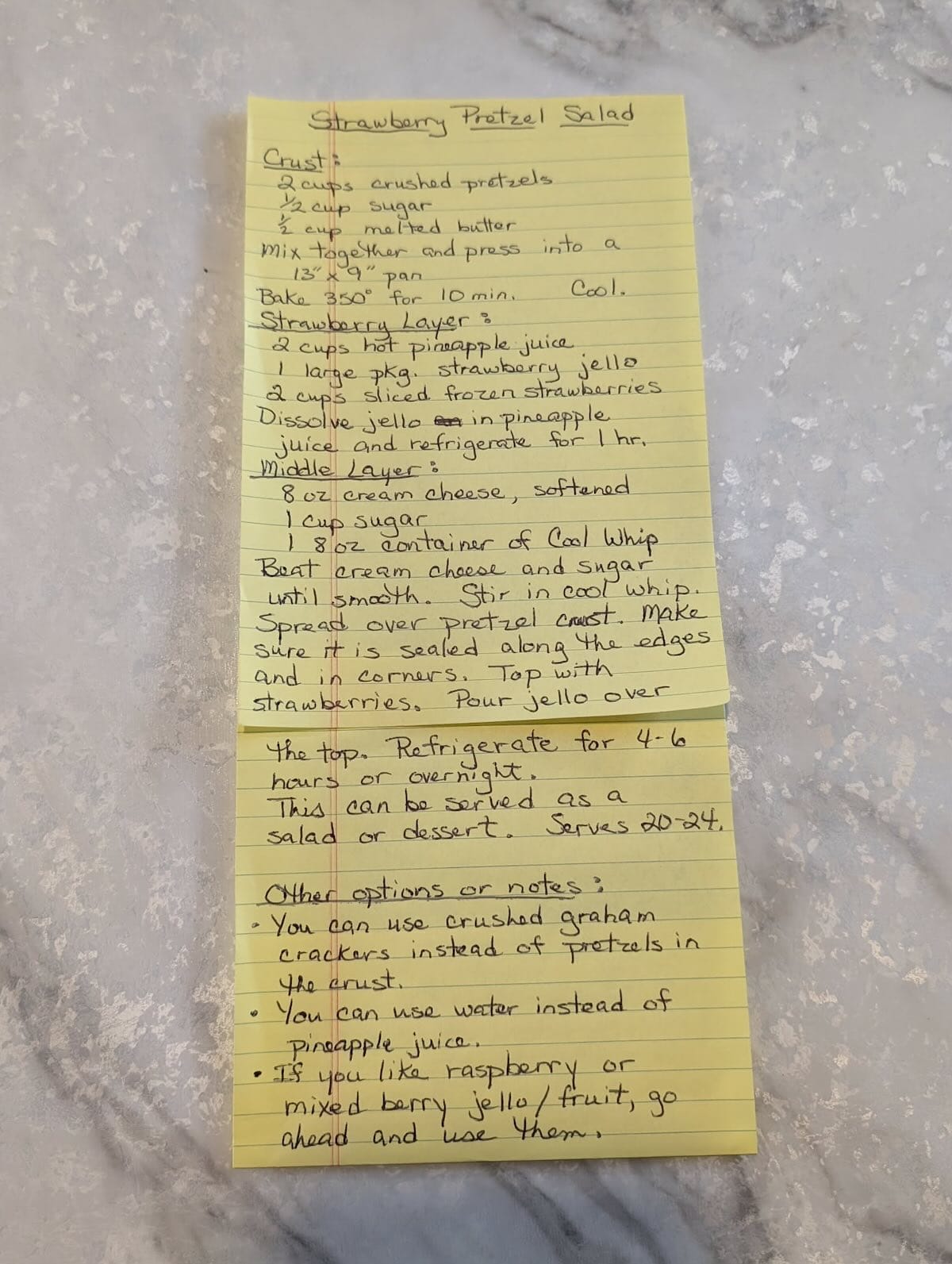 Aunt Sue's version of the best strawberry pretzel salad!