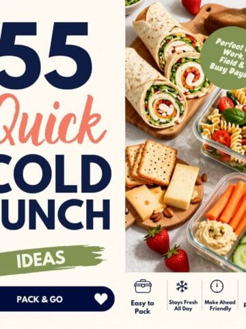 Pinterest graphic for quick cold lunch ideas featuring wraps, pasta salad, snack boxes, fresh fruit, vegetables, and easy packed lunches for work or busy days.