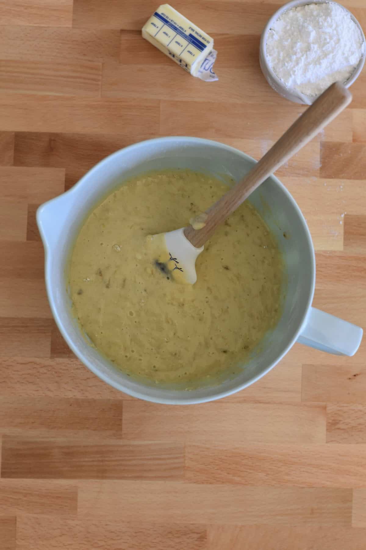 Banana bar batter mixed in a large bowl before baking.