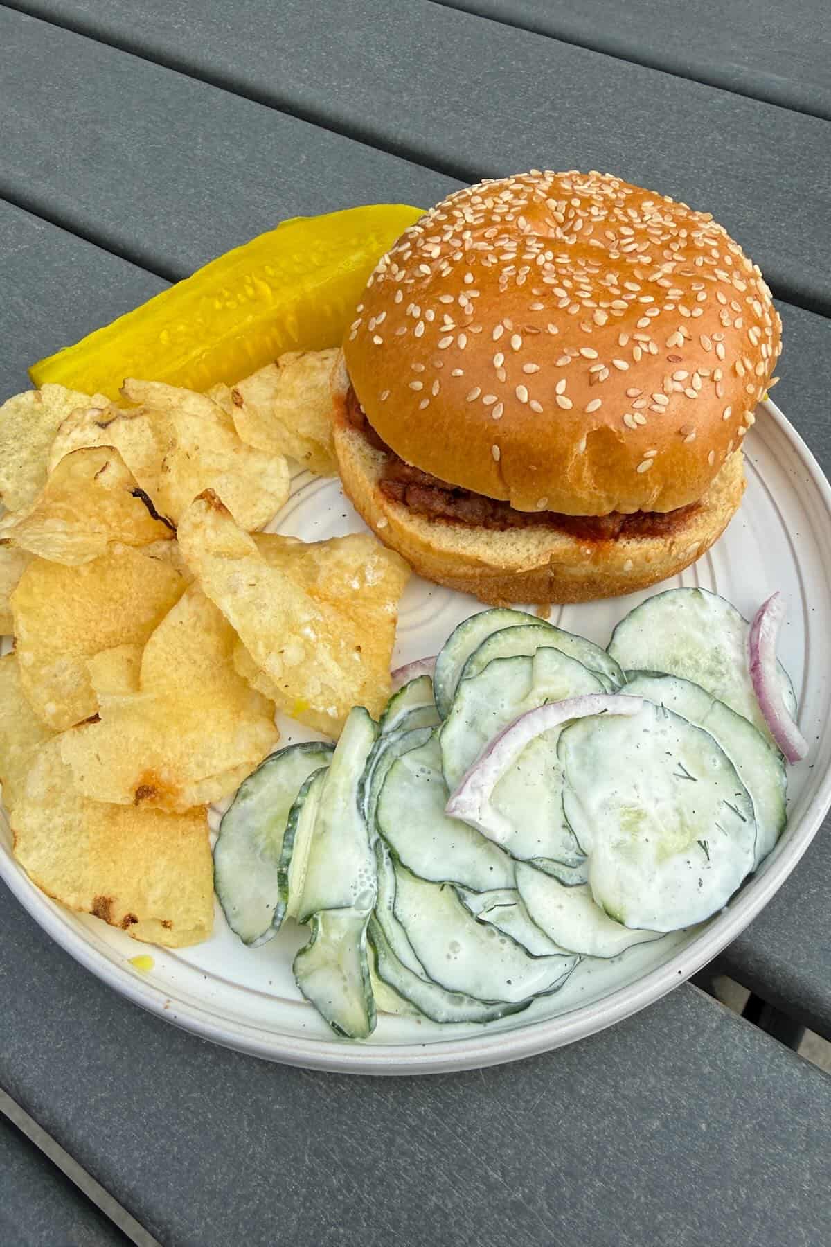 Creamy cucumber salad served with grilled summer dinner on the patio.