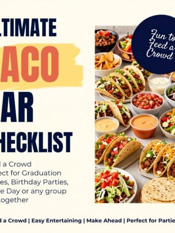 Taco bar party checklist graphic featuring taco toppings, chips, salsa, queso, and easy party food ideas for feeding a crowd.