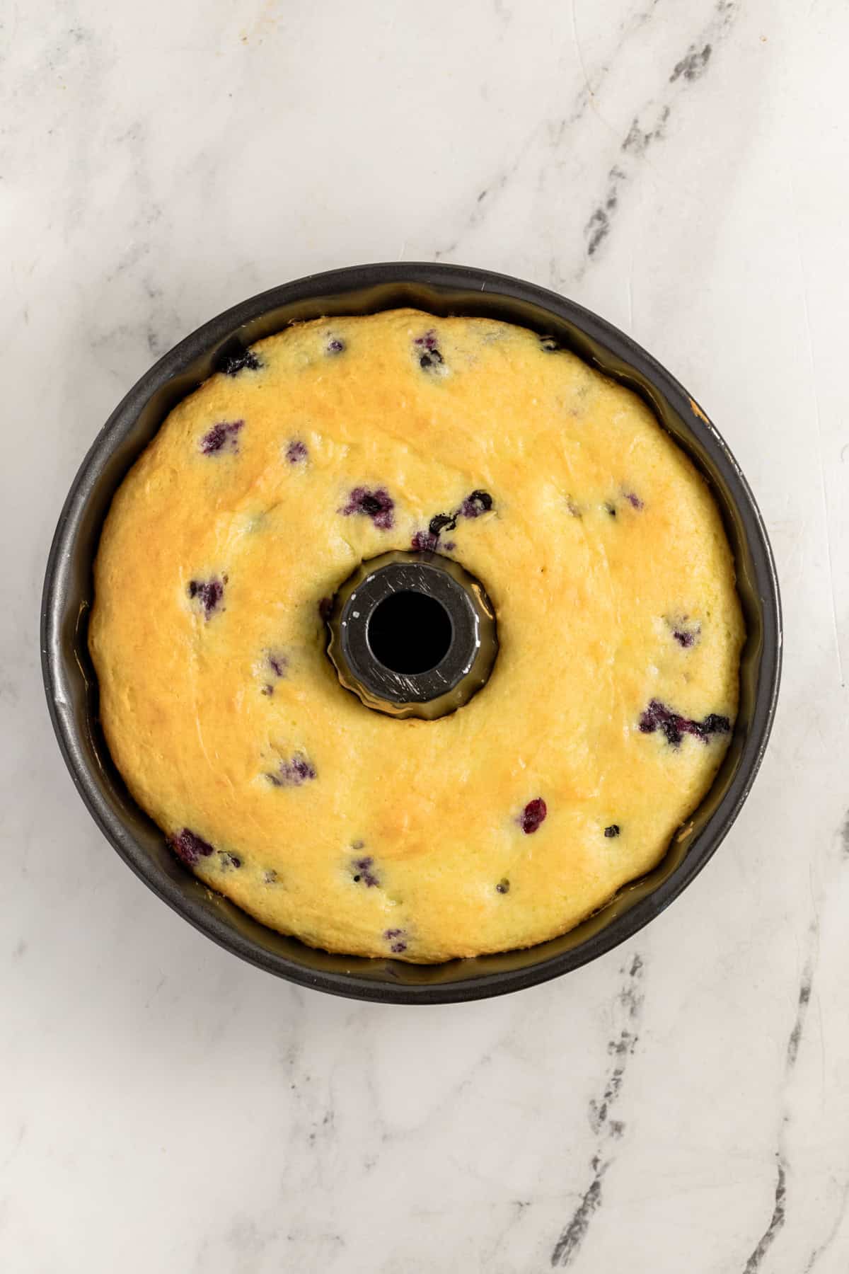 Freshly baked lemon blueberry bundt cake cooling in the bundt pan.