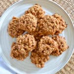 Overhead view of homemade banana breakfast cookies on a plate.