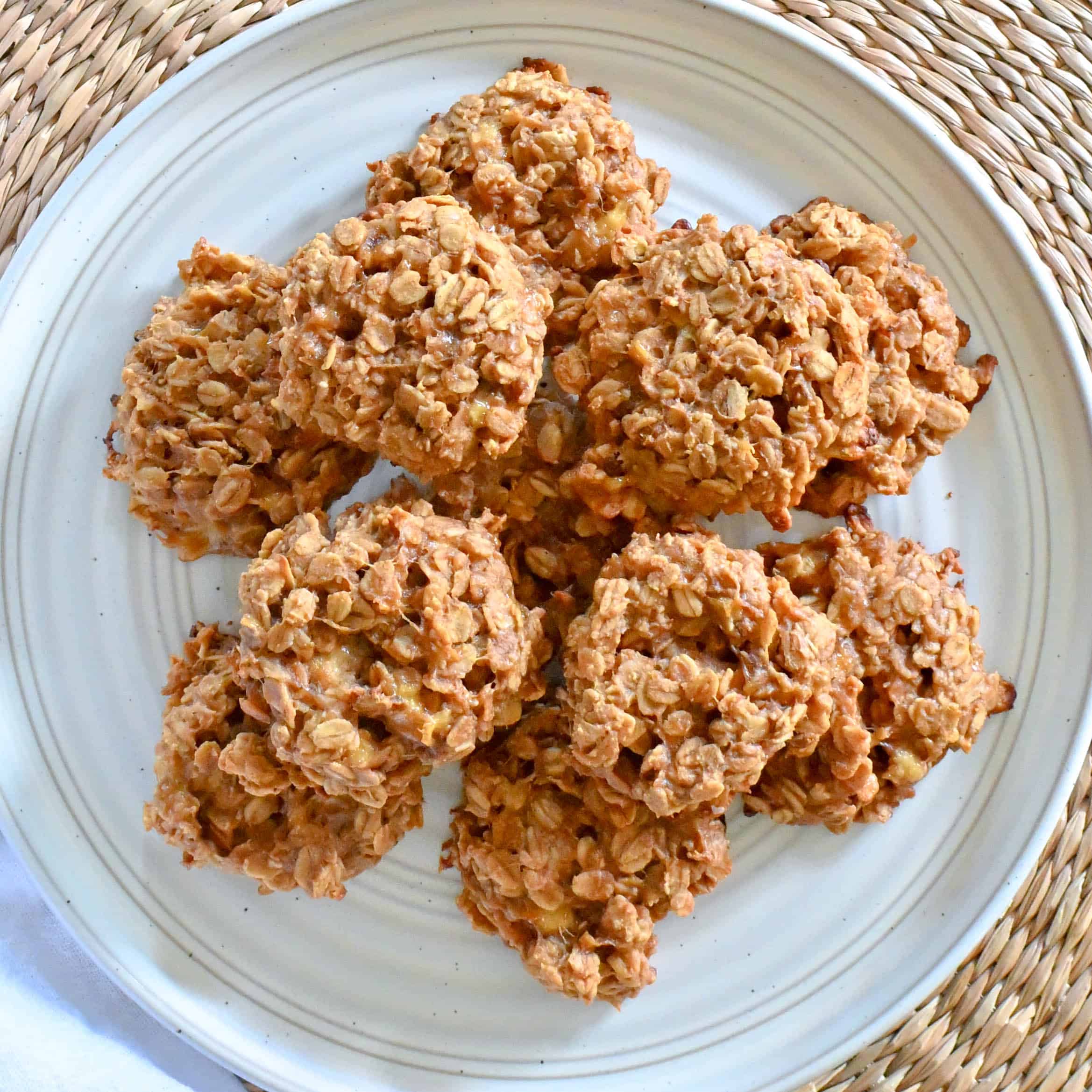 Overhead view of homemade banana breakfast cookies on a plate.