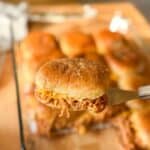 BBQ chicken sliders made with shredded chicken and melted cheese on slider buns.