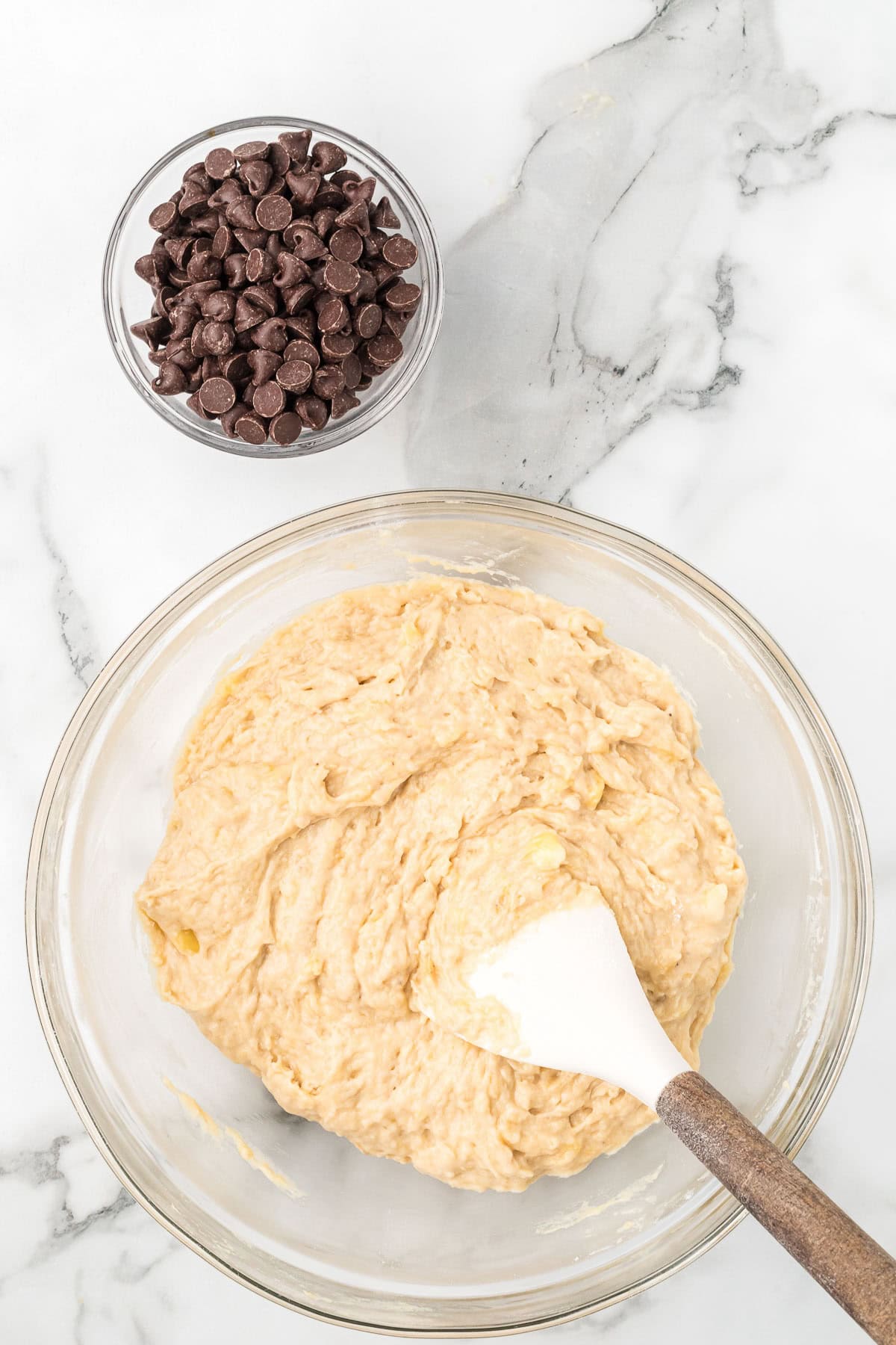 Banana bread batter before adding chocolate chips.
