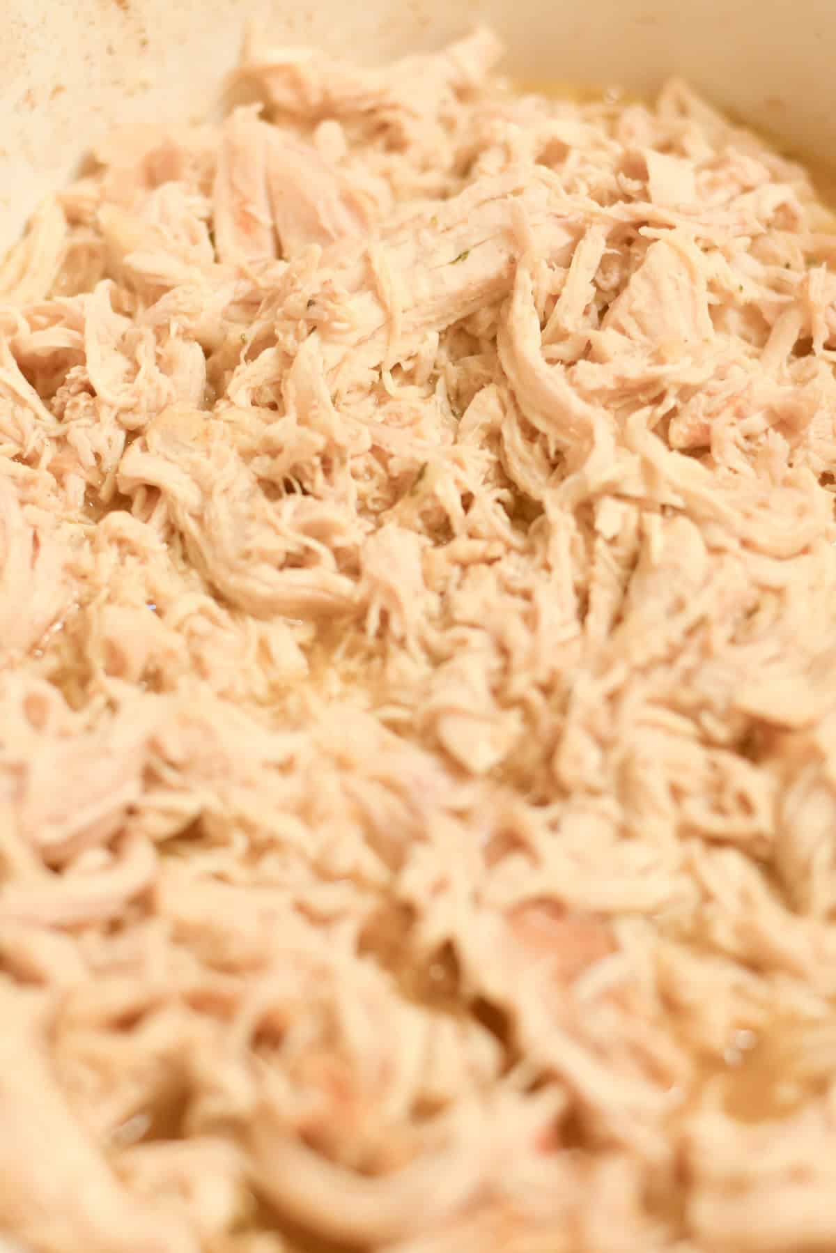 Close-up of tender crockpot shredded chicken.