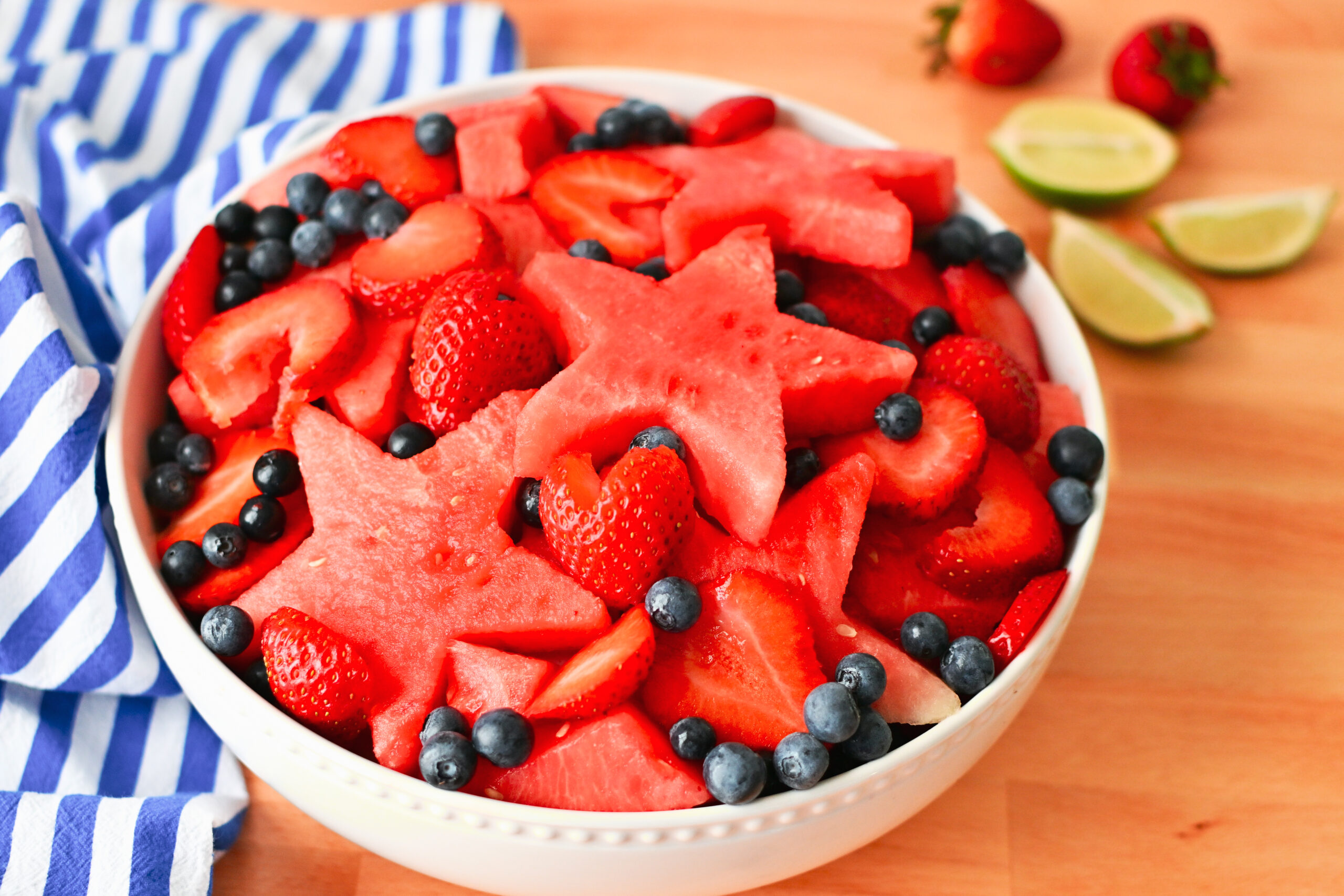 Red white and blue fruit salad served for a Fourth of July cookout.