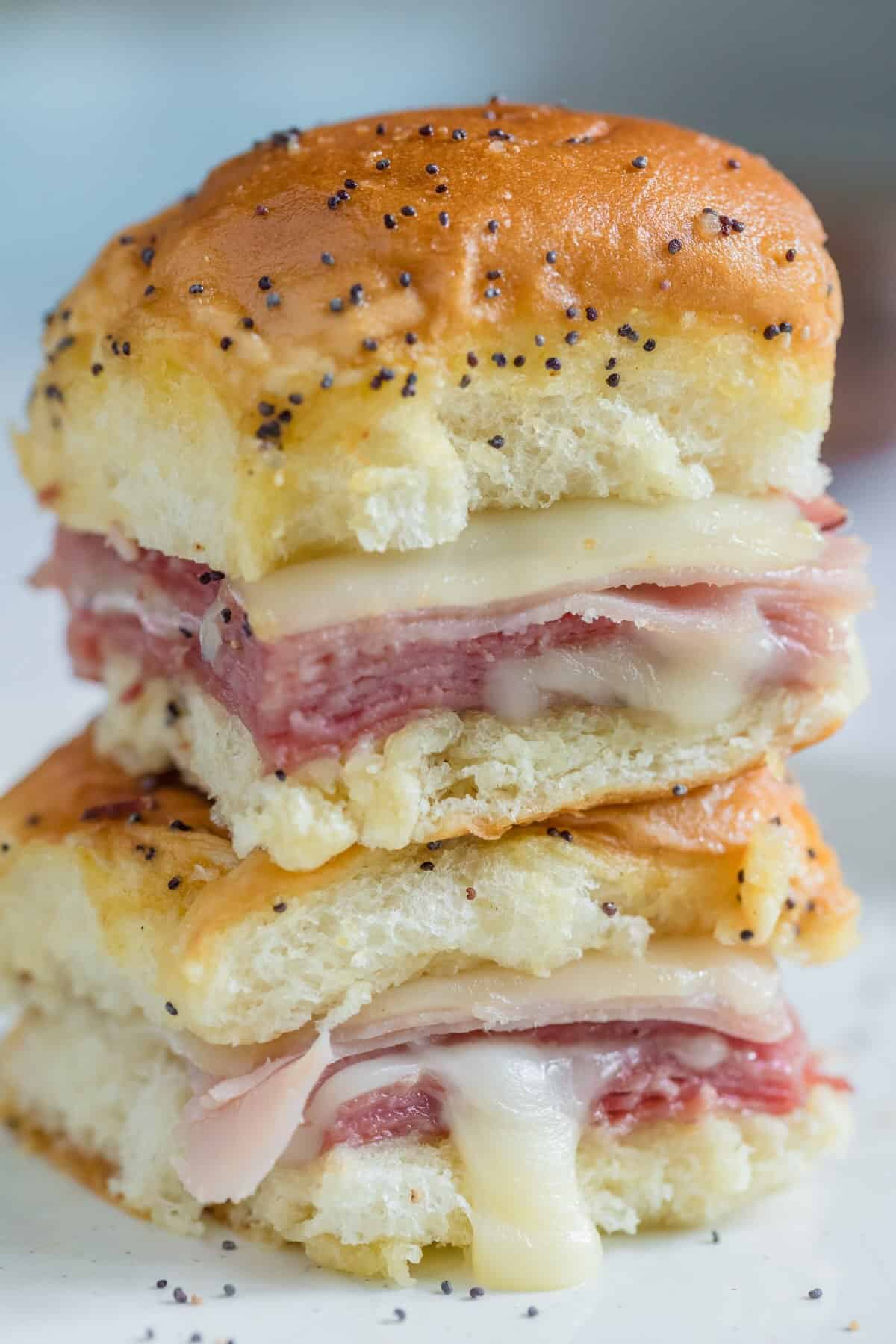 Funeral sandwiches stacked on a plate ready to serve.