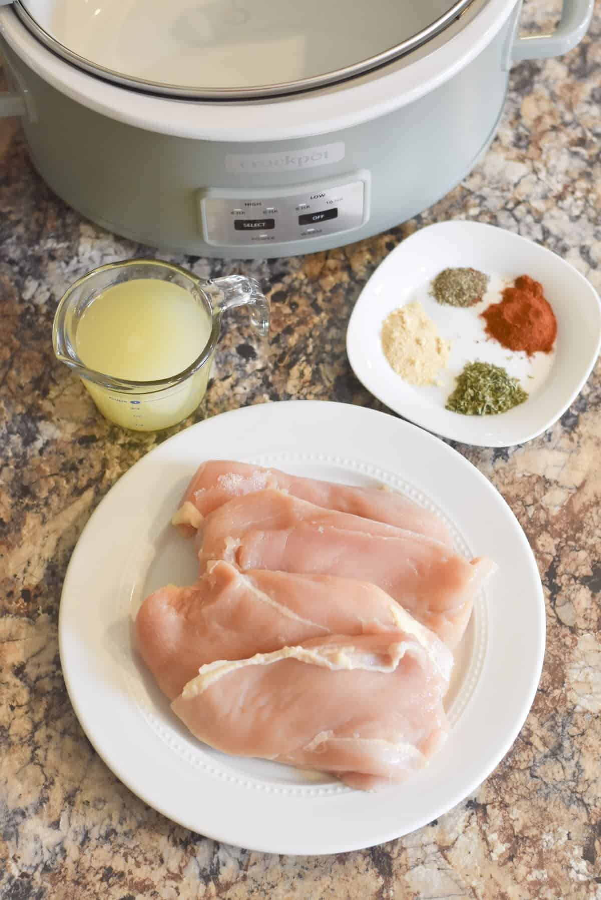 Chicken breasts, chicken broth, paprika, garlic powder, parsley, and black pepper for slow cooker shredded chicken.