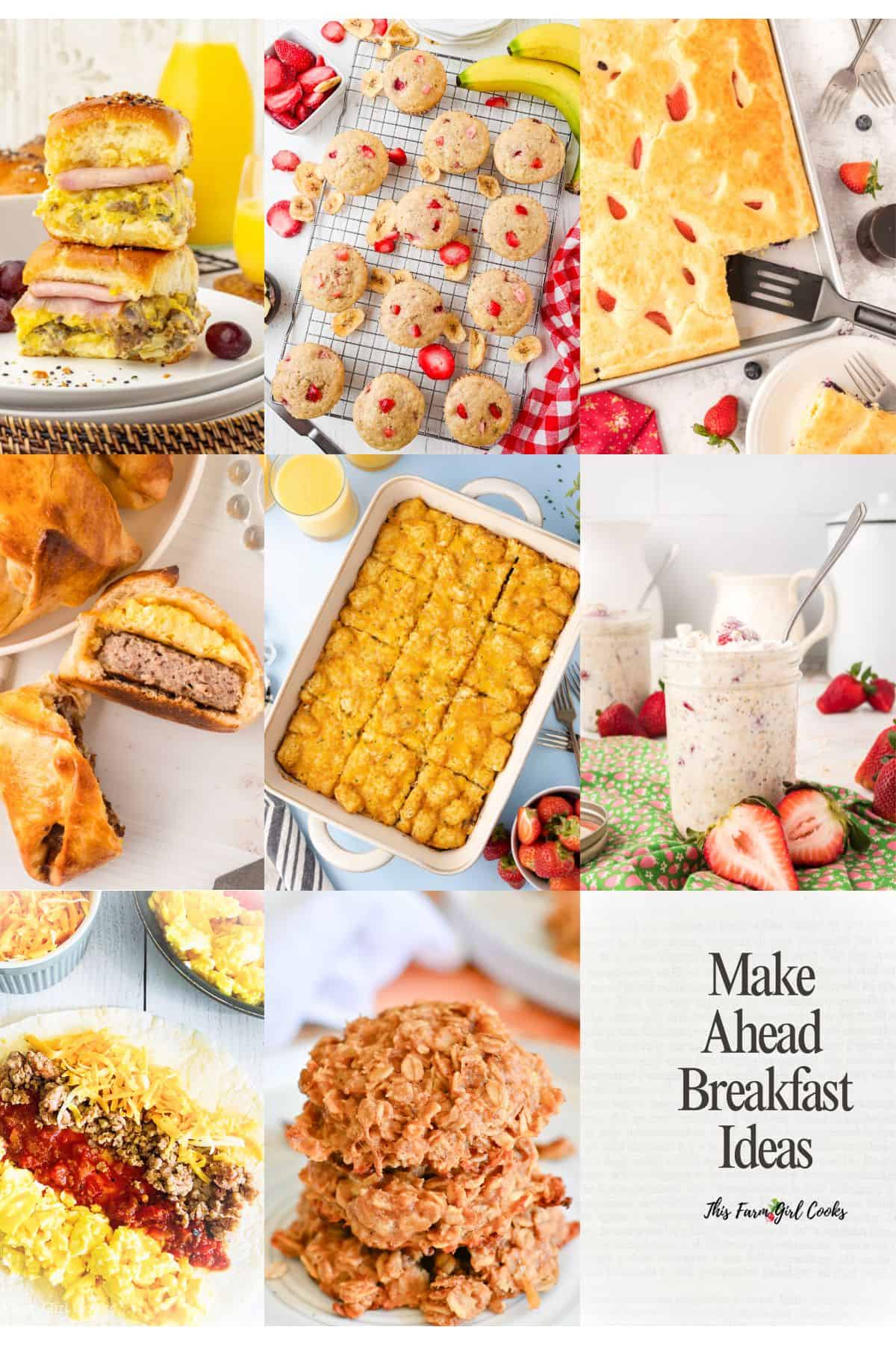 A collage of make ahead breakfast ideas including eggs, breakfast casseroles, overnight oats, breakfast sandwiches and more.