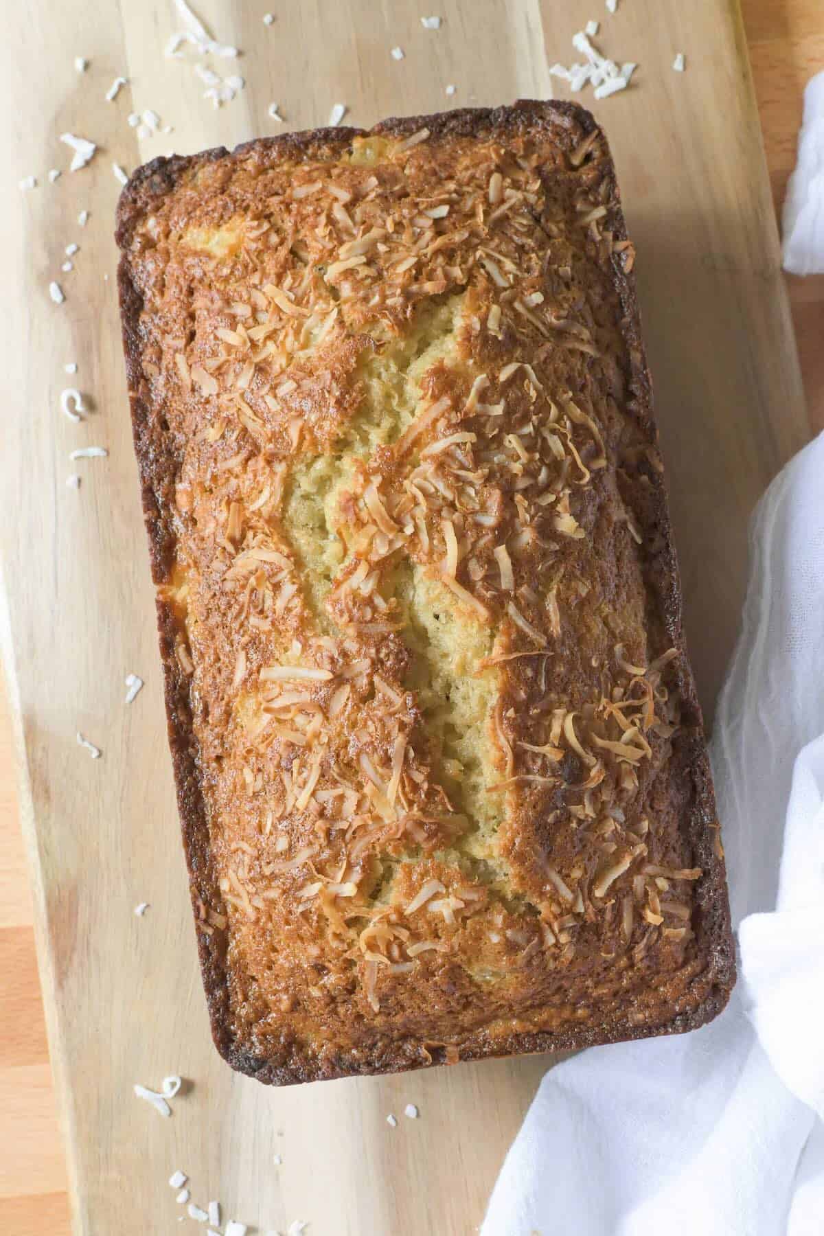 Pineapple banana bread loaf before slicing.