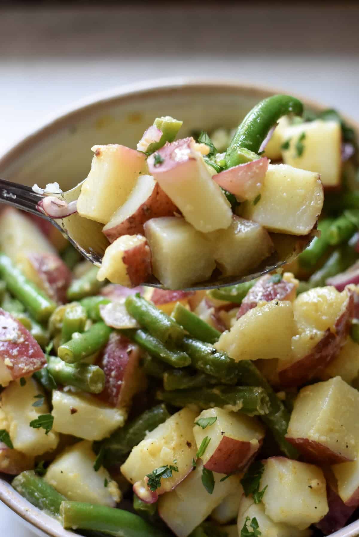 A spoonful of room temperature potato salad and cut green beans, ready to serve.