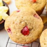 Strawberry banana muffins made with ripe bananas and fresh strawberries.