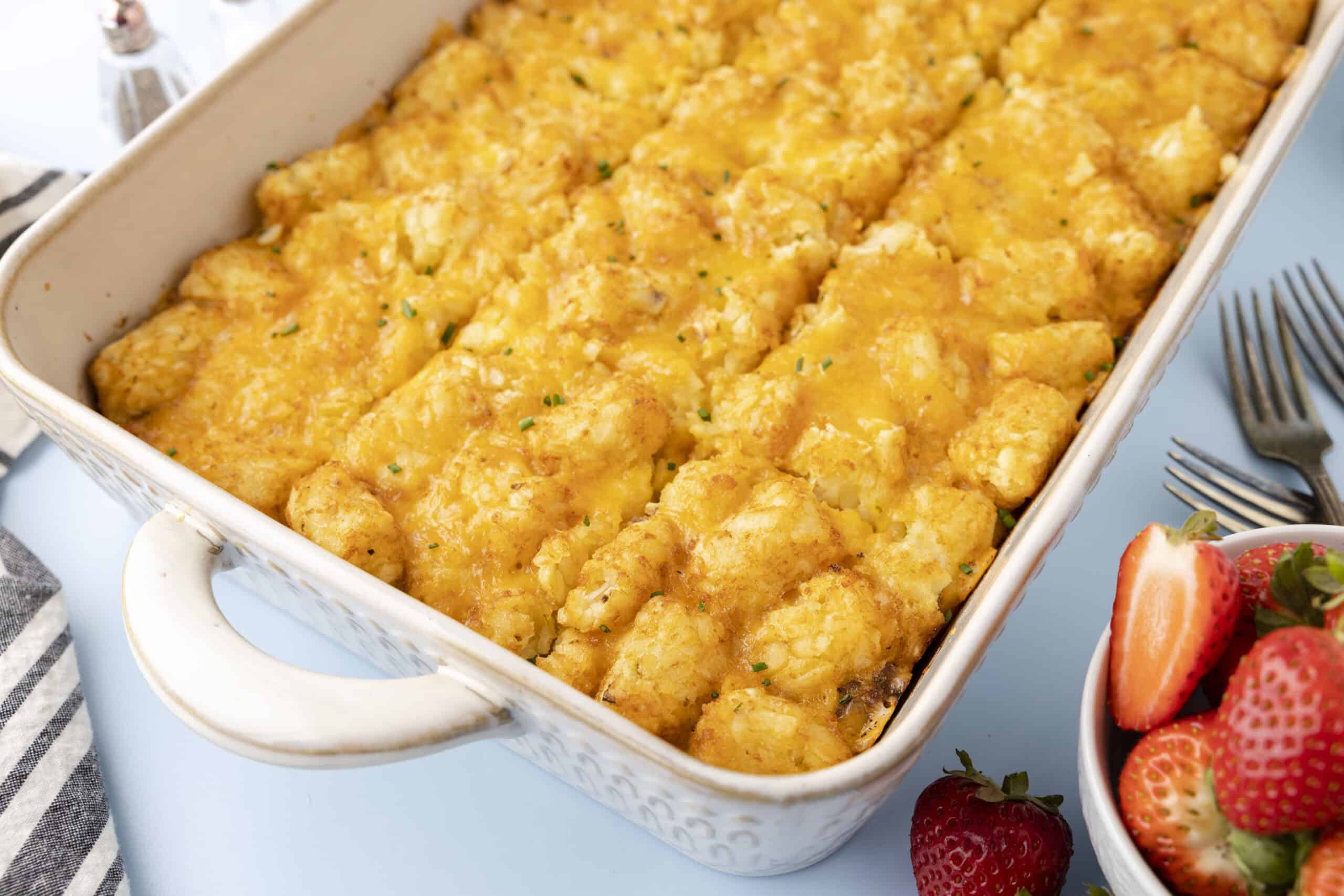 A casserole dish with tater tot breakfast casserole.