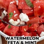 Watermelon, feta and mint salad in a bowl.
