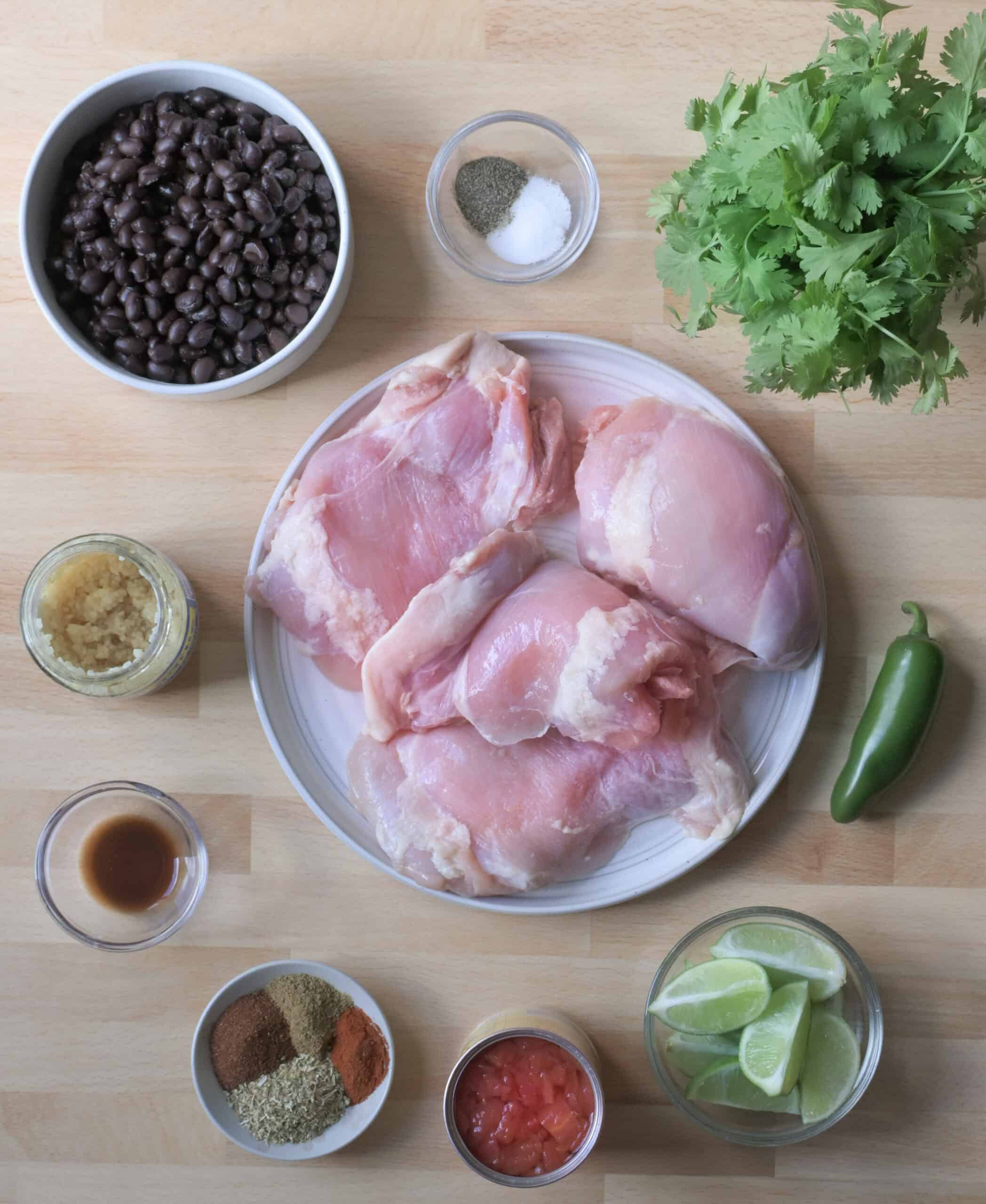 Ingredients for crockpot Mexican shredded chicken including chicken thighs, Rotel tomatoes, black beans, spices, garlic, jalapeño, cilantro, and lime.