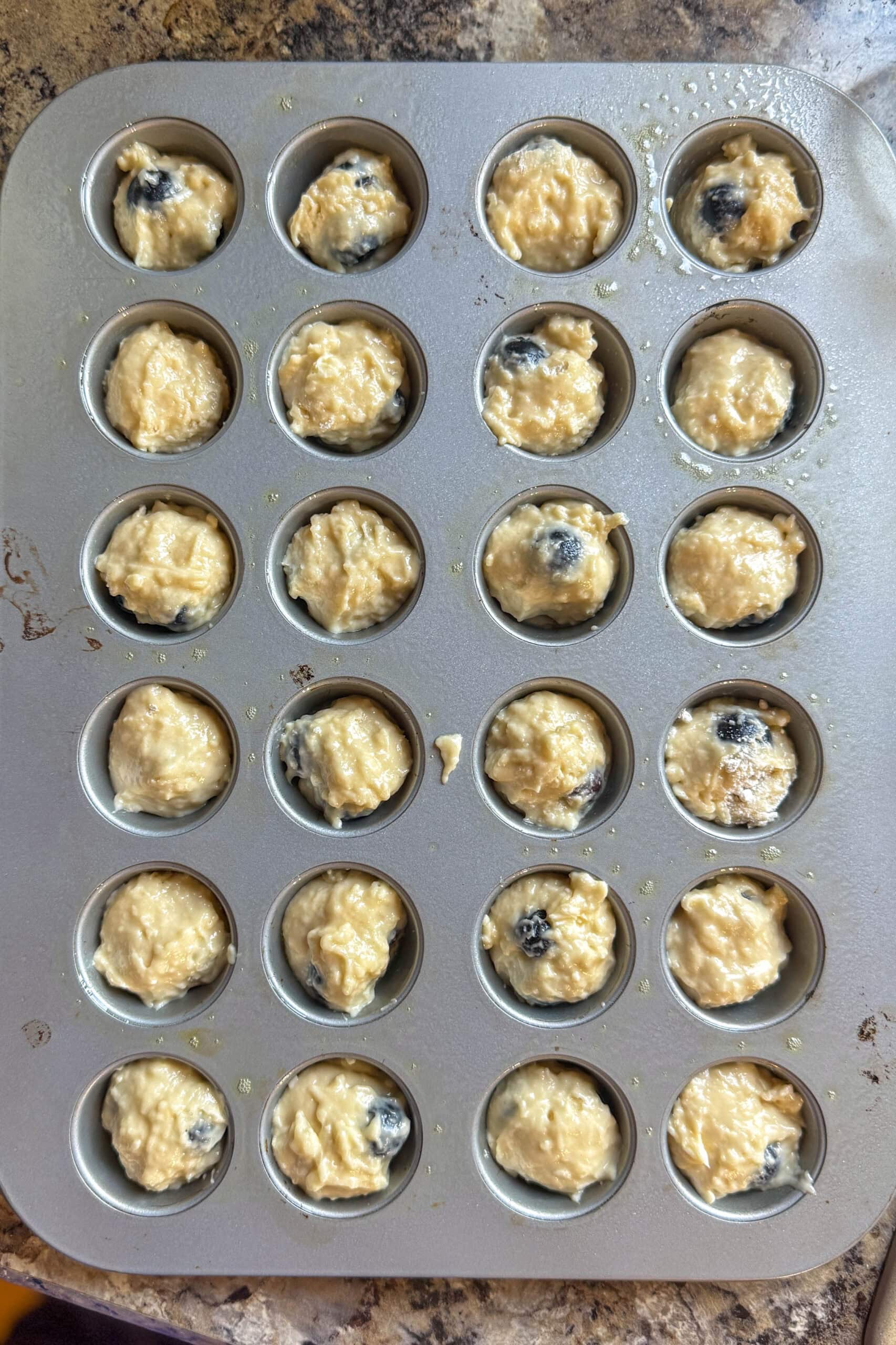 Mini blueberry muffin batter portioned into a prepared muffin pan.