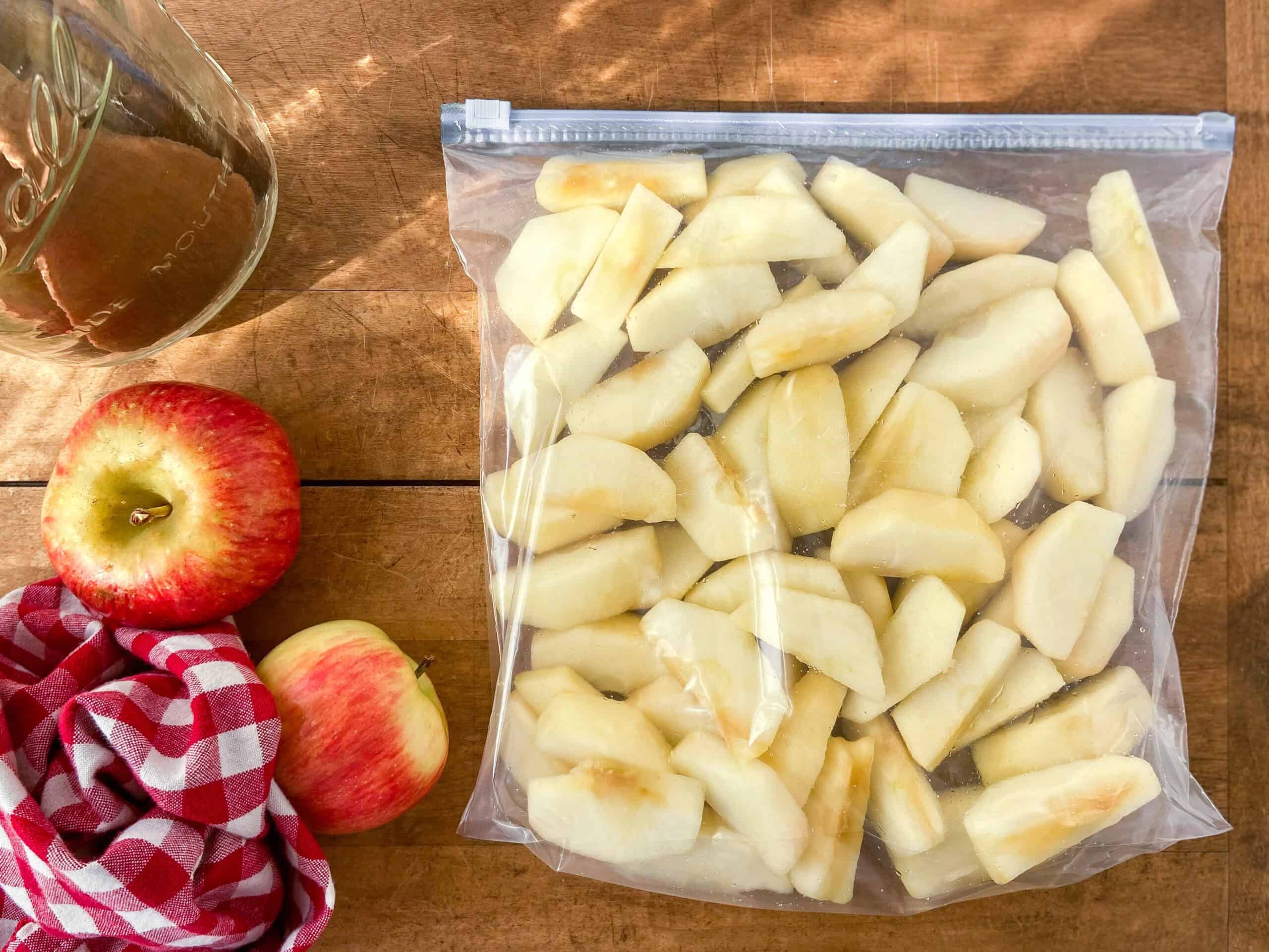 Apples for freezing in a ziplock baggie.