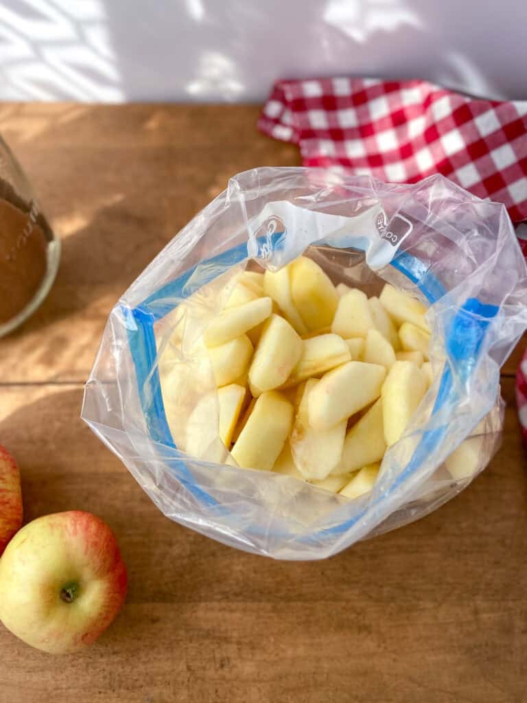 A plastic bag for filled with apple slices for freezing.
