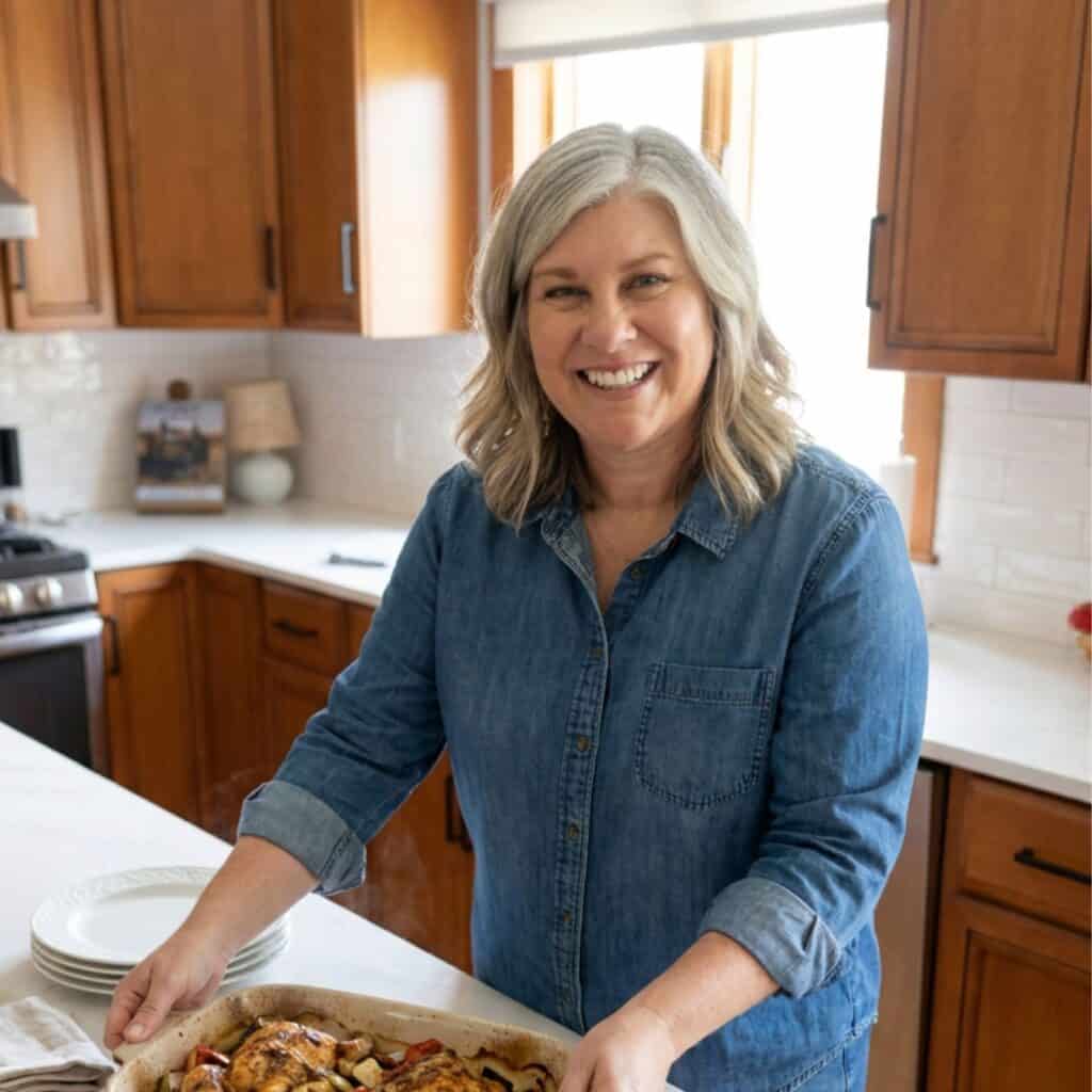 Deanne Frieders (This Farm Girl Cooks) holding a casserole in her kitchen.